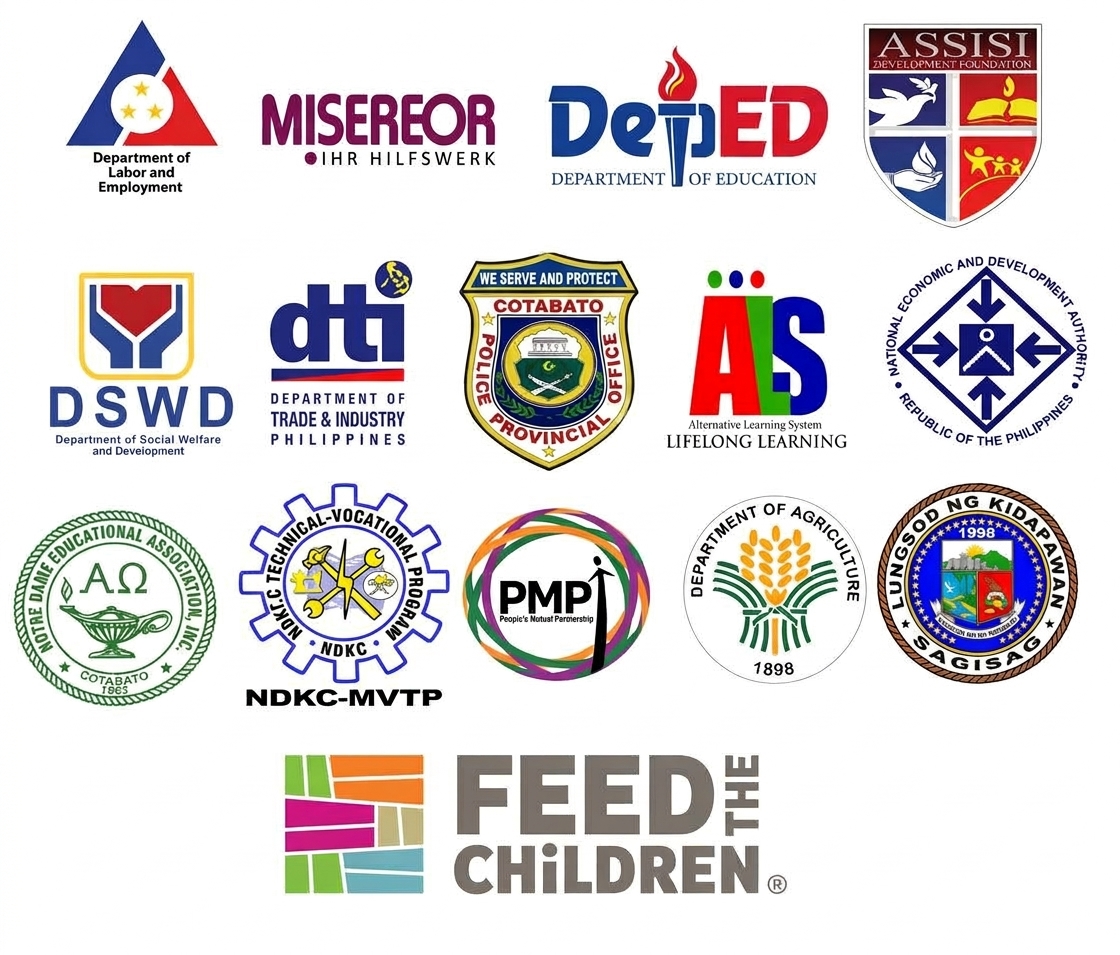 Partner logos: DOLE, Misereor, DepEd, Assisi Development Foundation, DSWD, DTI, Cotabato Police Provincial Office, ALS, NEDA, Notre Dame Educational Association, NDKC-MVTP, PMP, Department of Agriculture, Lungsod ng Kidapawan and Feed the Children